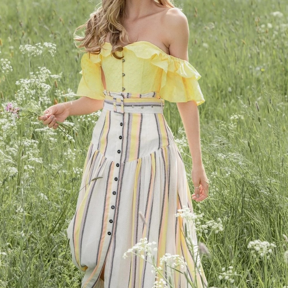 Yellow Embroidery Anglaise Cotton Corset Top With Frilled Sleeve